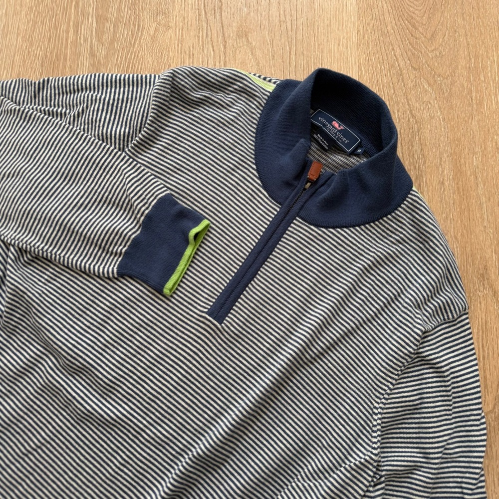 Vineyard Vines Striped Quarter Zip Pullover Mens Medium Blue Pima Cotton Sweater